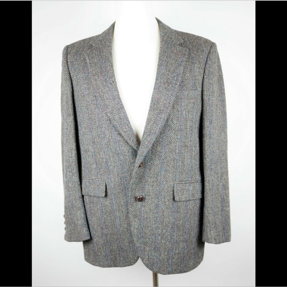 HARRIS TWEED Gray & blue wool tweed blazer jacket